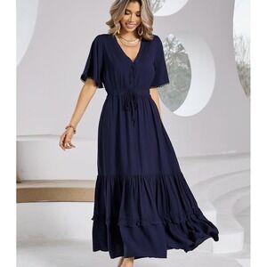 R.Vivimos Dress Boho Medium Blue Cottagecore Short Sleeve‎ V Neck 8 Coastal Long